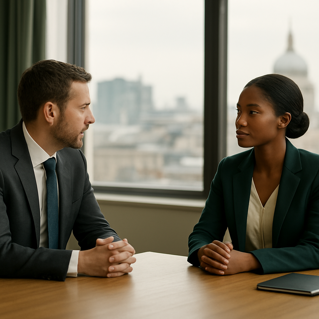 Two advisors in conversation at a table in a bright London office